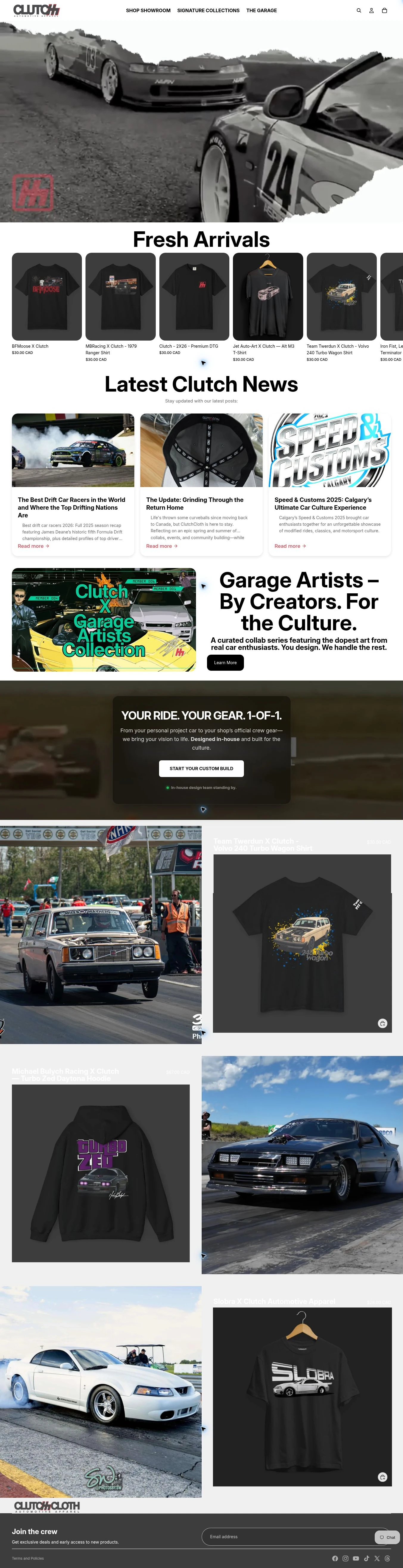 ClutchCloth homepage capture, from the hero through the product, news, community and footer sections