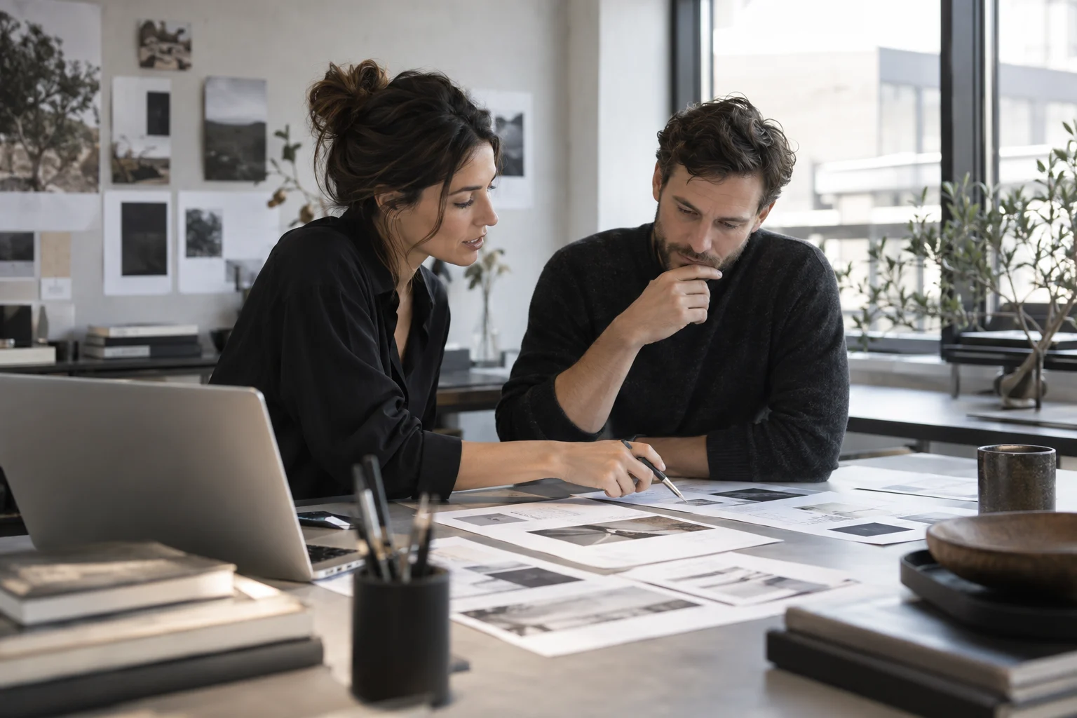 Illustrative scene of two collaborators discussing a digital design