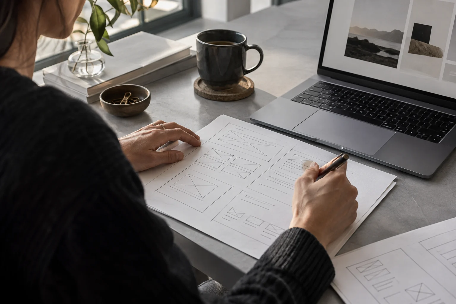 Illustrative close-up of website wireframes being sketched