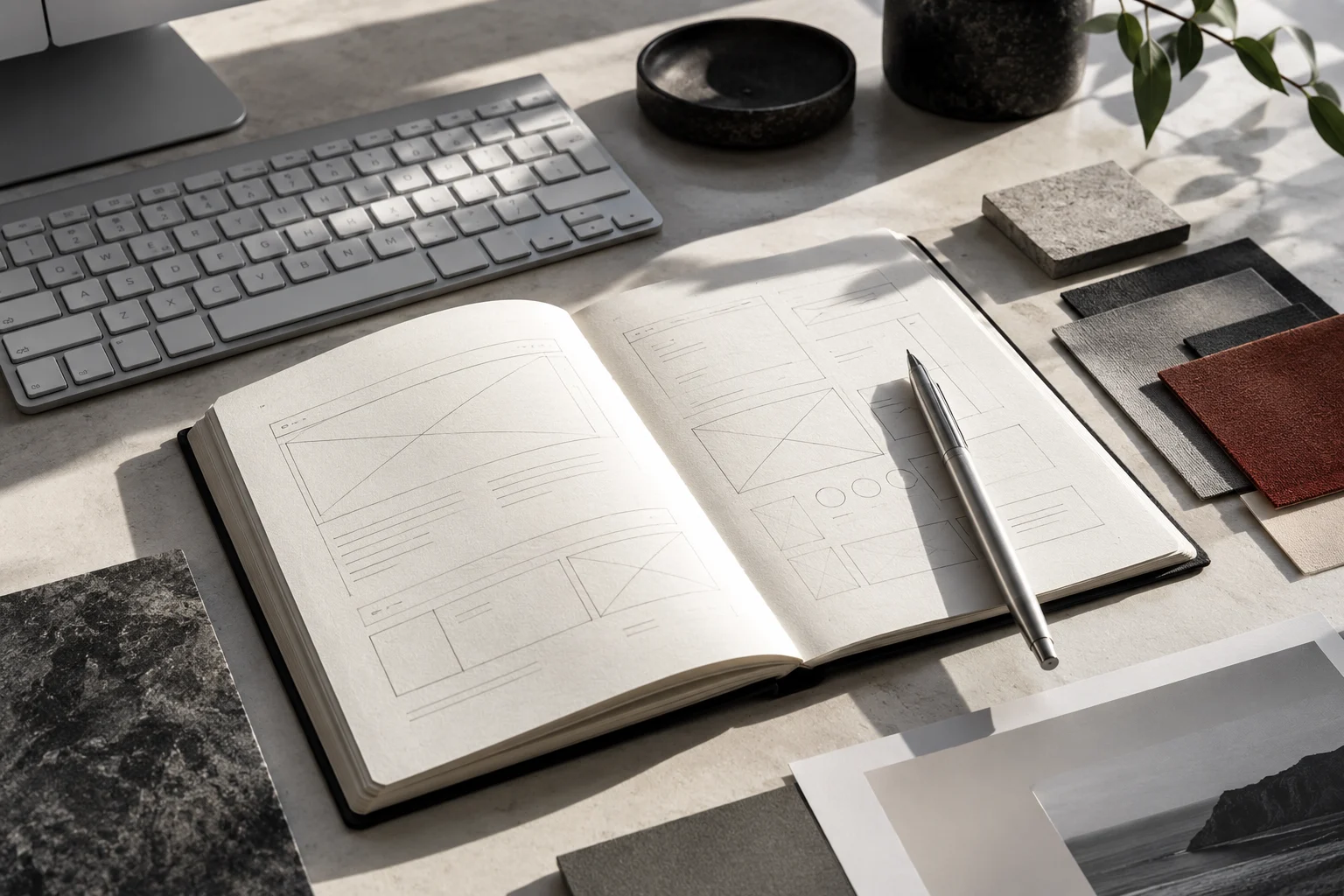 Illustrative design workspace with sketches and material swatches